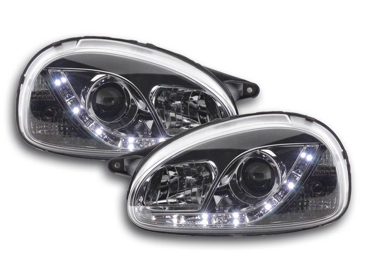 Scheinwerfer Set Daylight LED TFL-Optik Opel Corsa C 01-06 schwarz Scheinwerfer Set Daylight LED TFL-Optik Opel Corsa C 01-06 schwarz